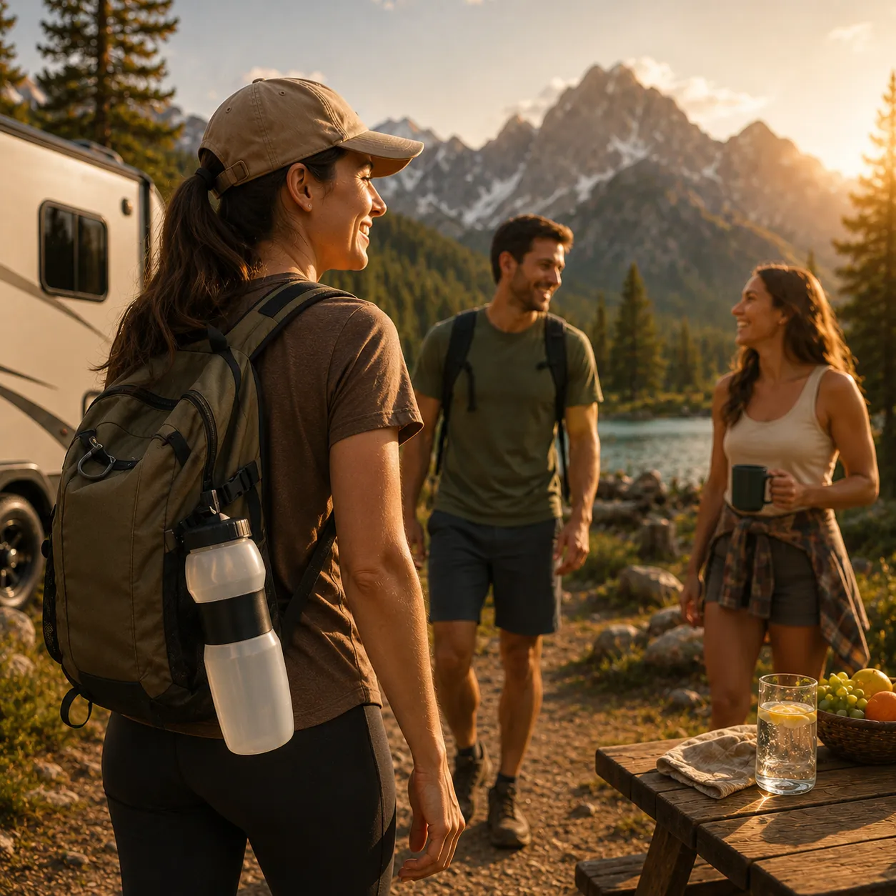Sentry H2O BioChem OTG bottle stowed in a backpack side pocket as a hiker walks a trail near an RV and mountain lake