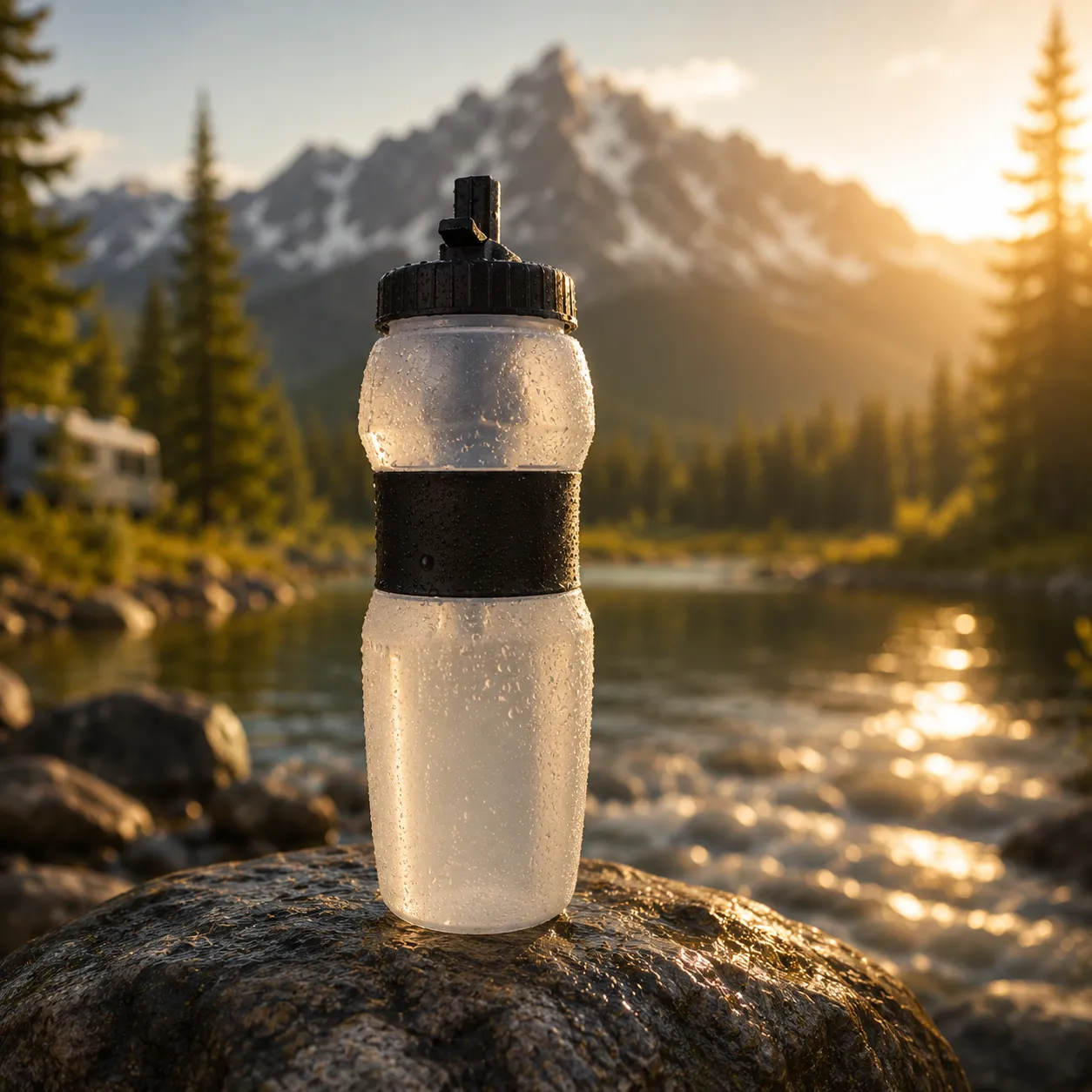 Sentry H2O BioChem OTG 25oz filtered water bottle resting on a rock beside an alpine lake, water beading on the clear body