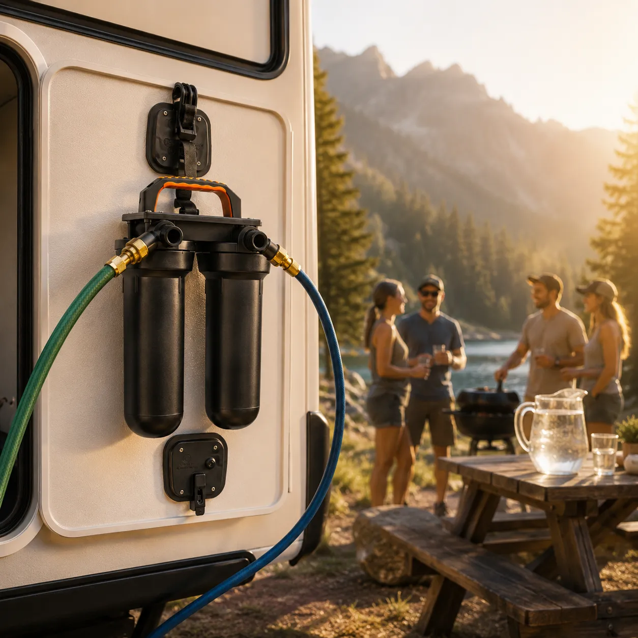 Sentry H2O Portable System filtering water for an RV while friends gather around a campsite table with a pitcher of clean water