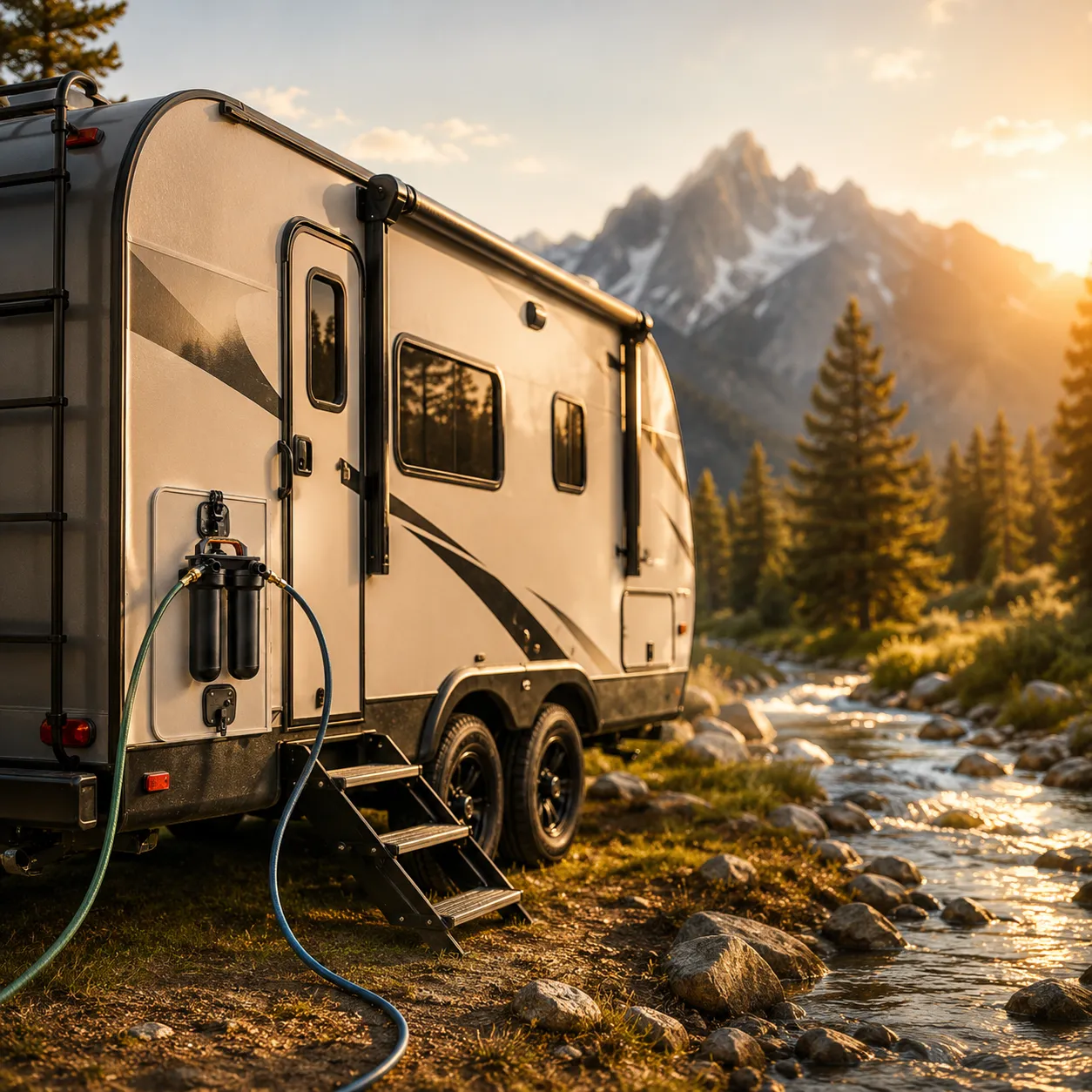 RV parked beside a mountain stream at sunset with the Sentry H2O Portable System supplying filtered water off the grid