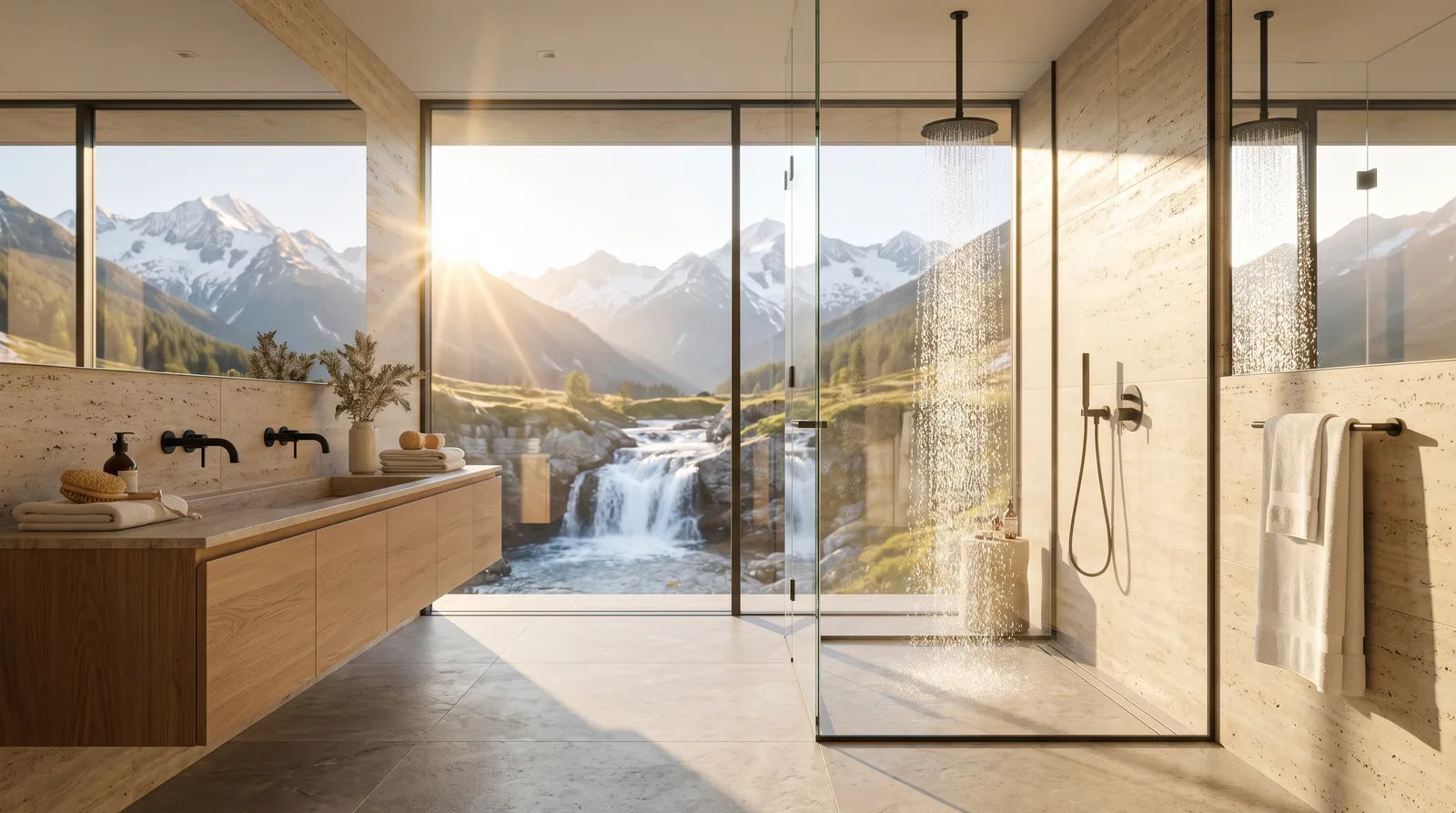 A luxury alpine bathroom shower with a floor-to-ceiling window overlooking a waterfall and snowcapped mountains