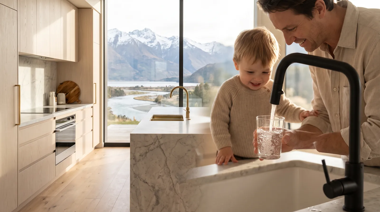 A father and his young son filling a glass of water at the kitchen sink, a wall of windows behind them framing a mountain lake and snowcapped peaks