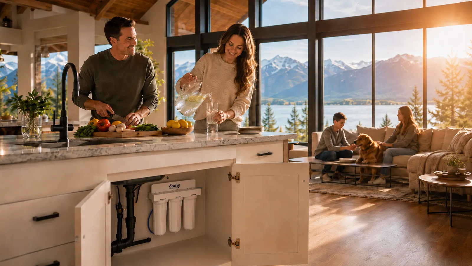A family in a bright modern kitchen filling a glass of clean water, the Sentry H2O 3-stage under-sink system visible in the open cabinet below