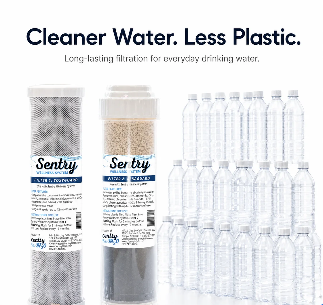 The Sentry H2O ToxyGuard and AlkaGuard replacement filters standing in front of a wall of empty plastic water bottles — "Cleaner water. Less plastic."