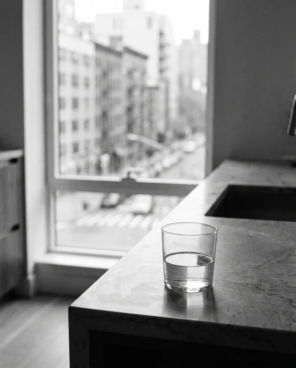 A single glass of flat, still, lifeless tap water on a kitchen counter