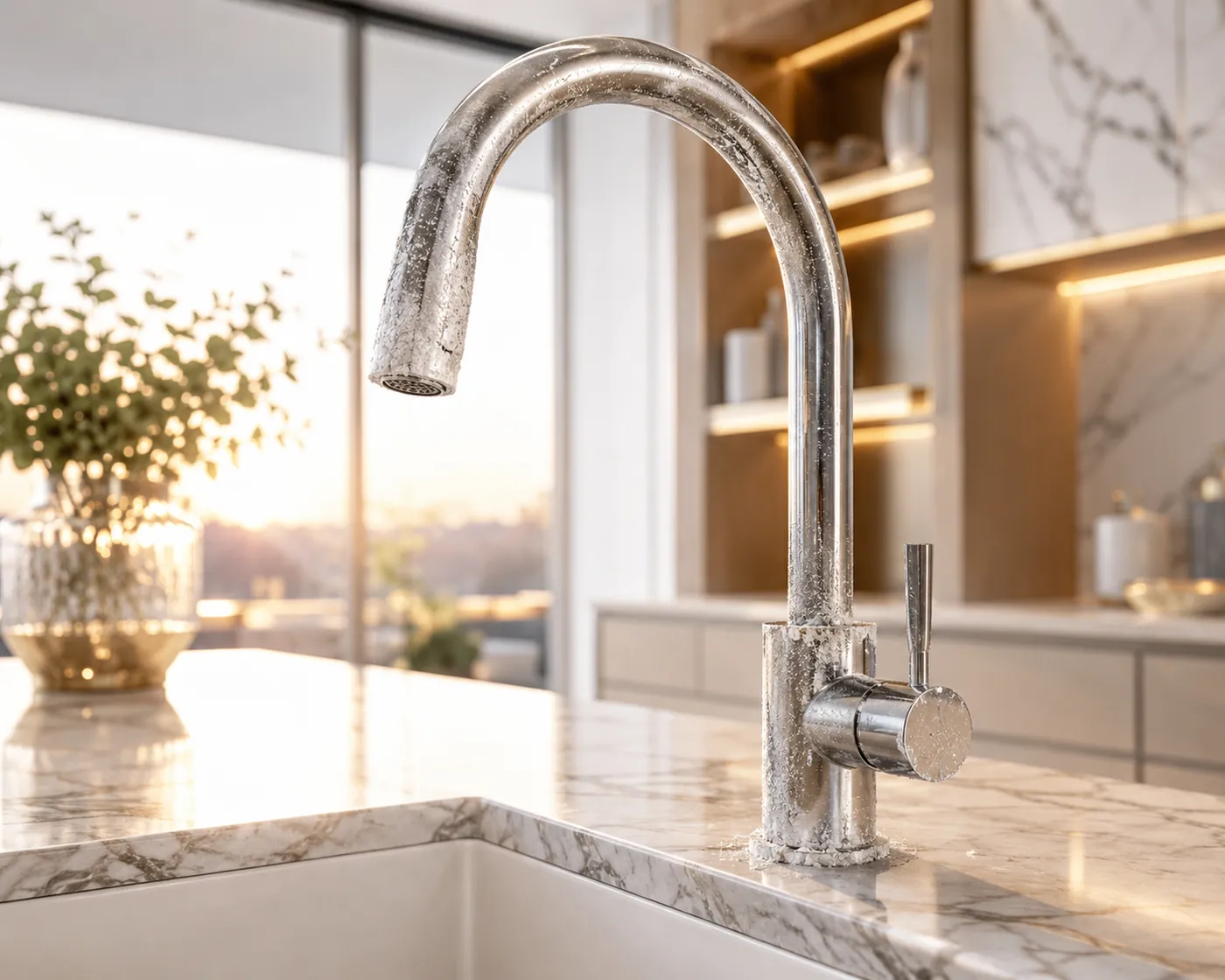 A kitchen faucet caked with white limescale from untreated hard water beside the same faucet kept free of scale — drag to compare