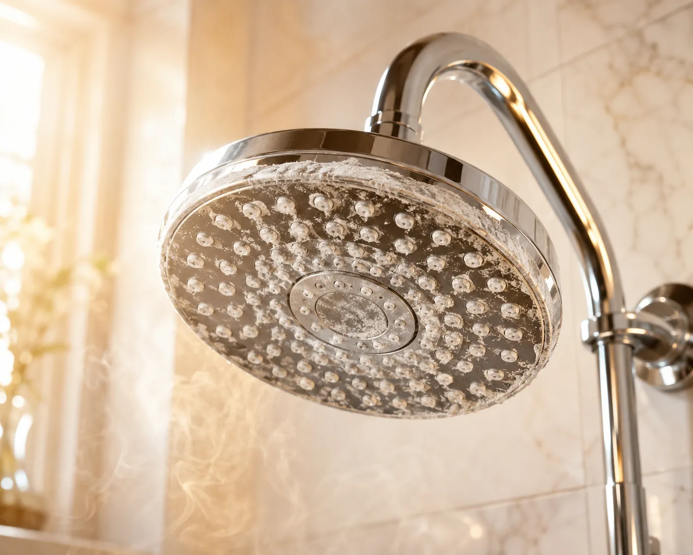 A chrome showerhead caked with white limescale from untreated hard water, beside the same style of showerhead kept free of scale — drag to compare