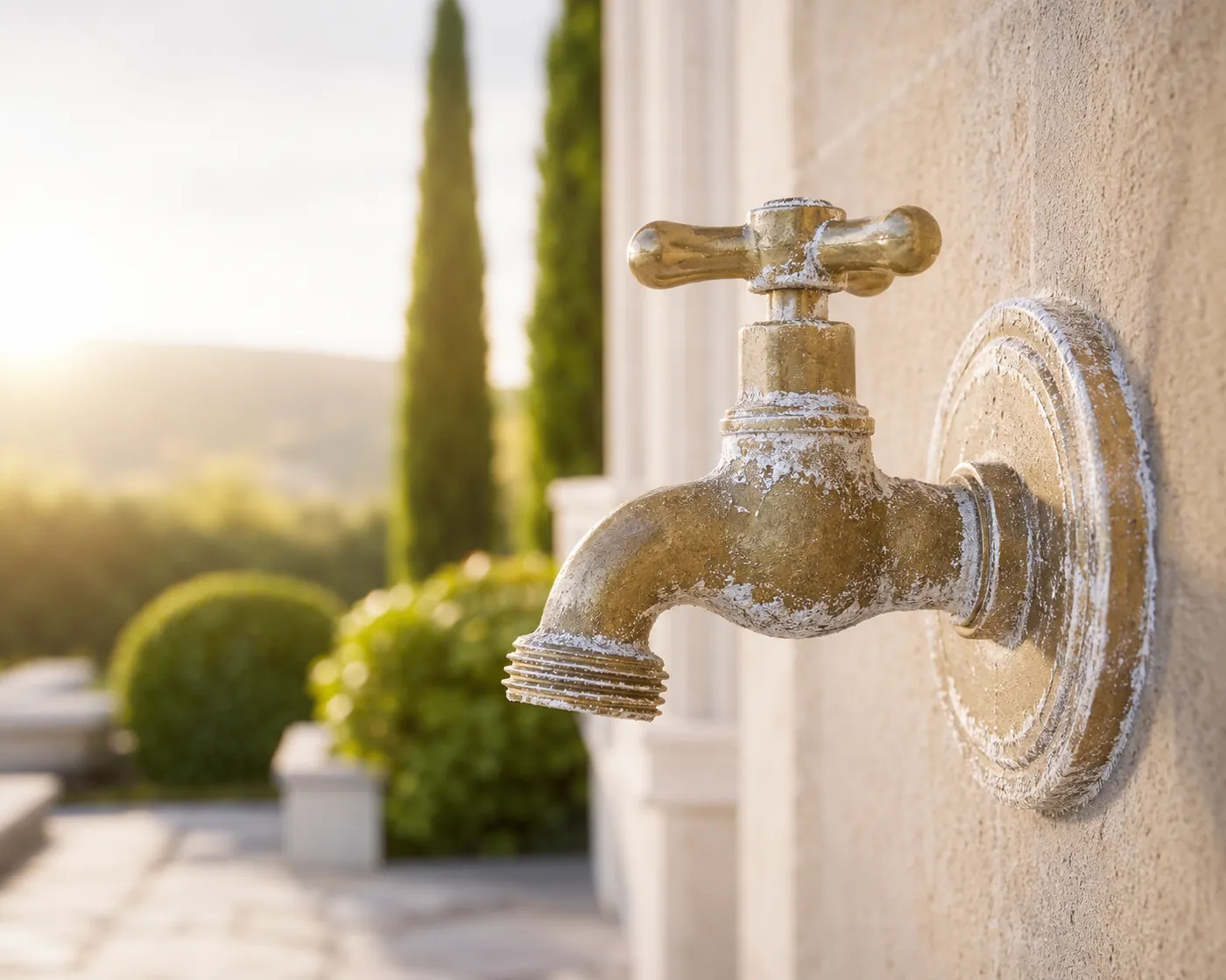 A brass outdoor spigot crusted with hard-water scale beside the same spigot kept clean — drag to compare