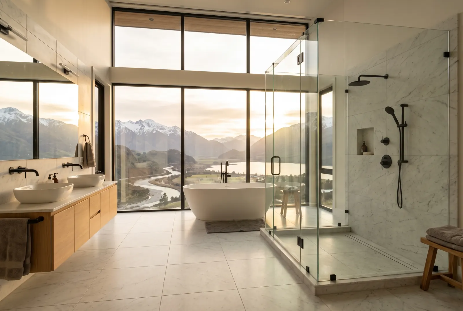 A serene, light-filled luxury bathroom with a large window framing snowcapped alpine peaks